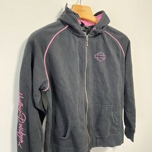 Vtg Harley Davidson Jacket Hoodie Full Zip Pink Black Women's Size M Y2K Biker